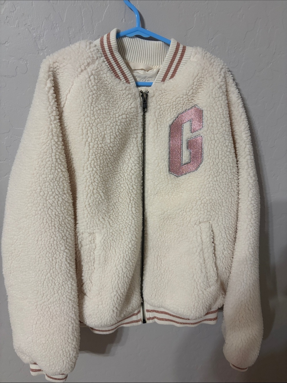 GAP Cream Sherpa Puffer Jacket with Pink 'G' Patch